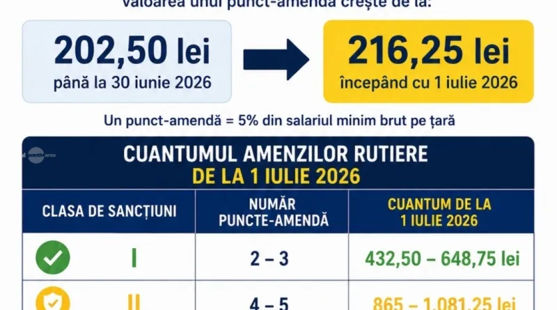 Amenzile rutiere au crescut de la 1 iulie 2026 — cât costă acum un punct-amendă, ce abateri sunt cel mai scump și ce drepturi ai când primești un proces-verbal